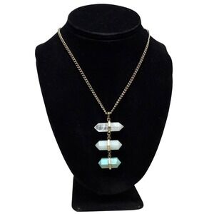 Crystal Point Quartz Pendant Necklace Gold Chain Turquoise White Gemstone 13.5in